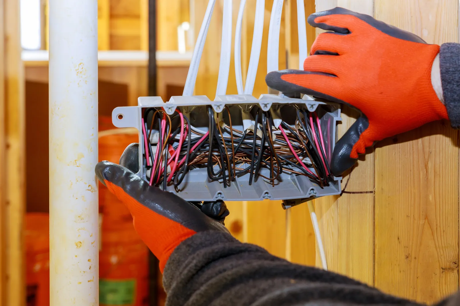 FRM Electrical electrician first-fixing new cables during a full house rewire.