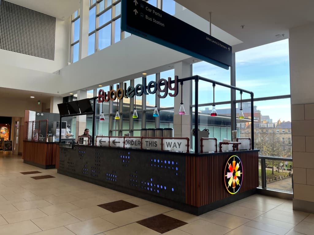 FRM's electrical fit-out for the Bubbleology unit at Eldon Square shopping centre, Newcastle.