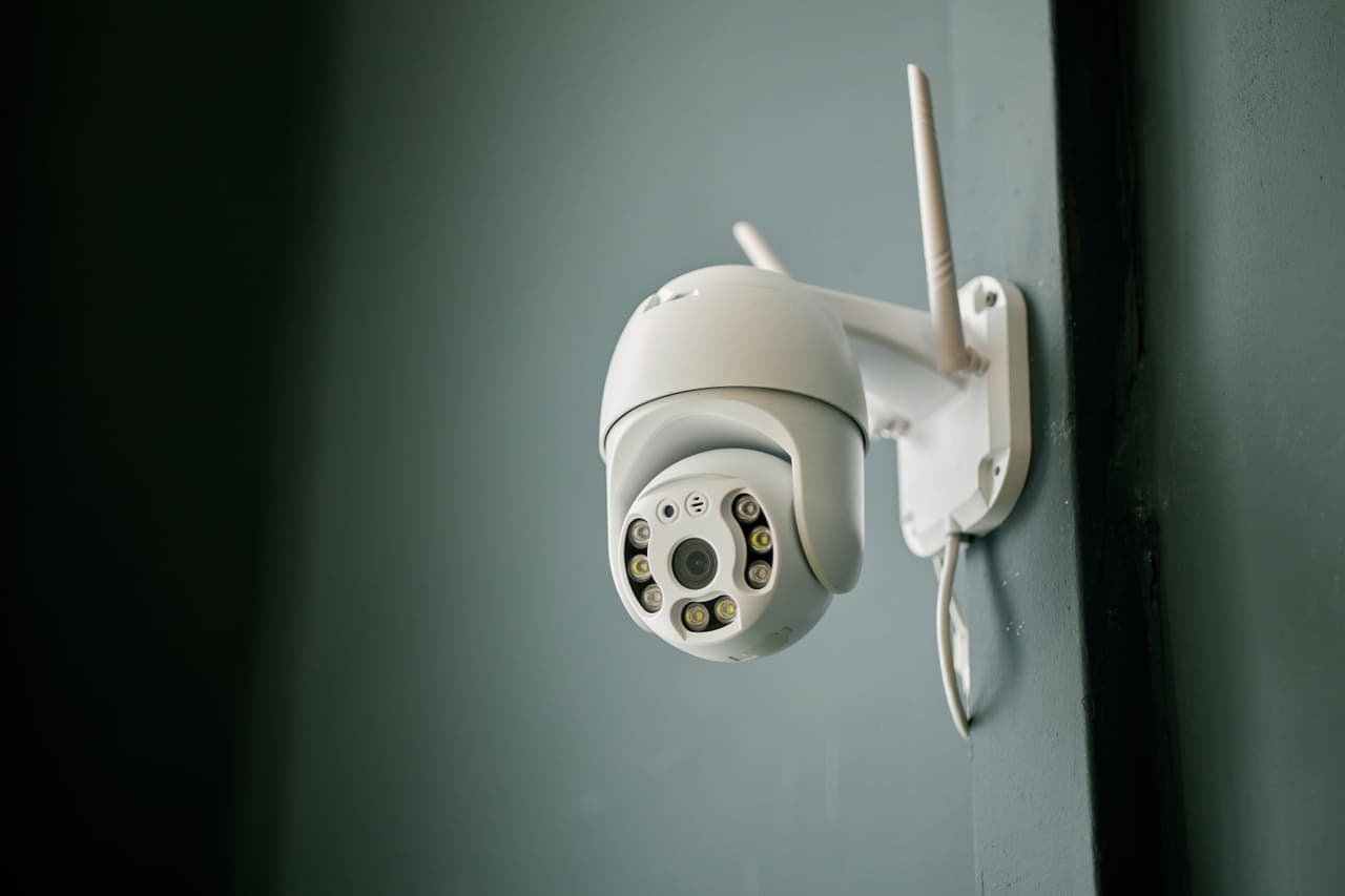 A CCTV security camera mounted on a building