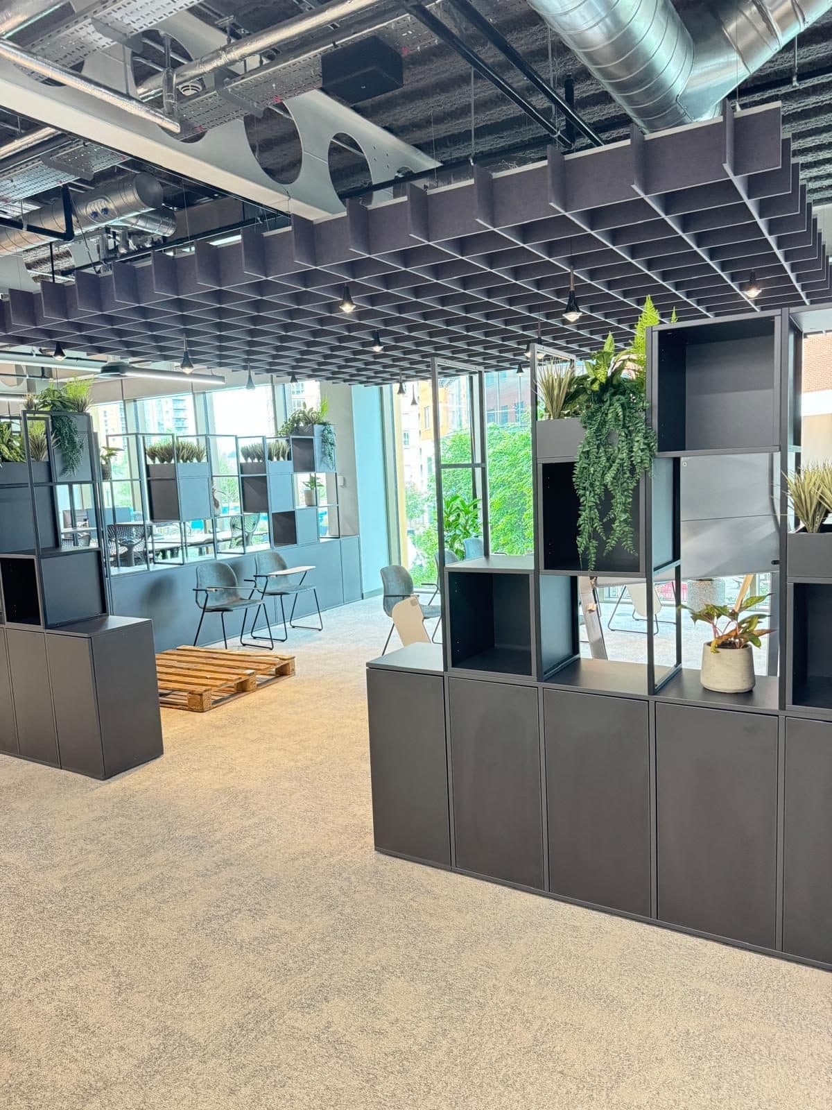 A completed commercial office fit-out with exposed services and feature lighting